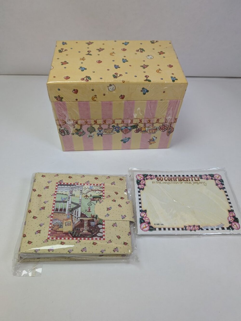 Vintage Mary Engelbreit Charmed Life Recipe Box Lot Brag Book & Sticky Notes NIB
